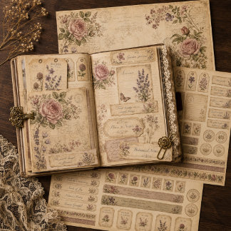Vintage-Botanisches-Junk-Journal-Papierhandwerk-Se Geschenkpapier Set