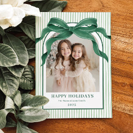 Vintage Bow Green Stripe Christmas Photo Feiertagskarte