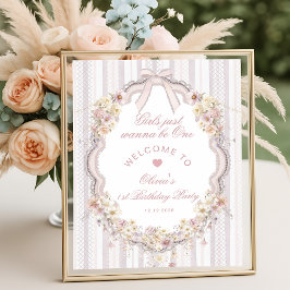 Vintage Bow Wildflower Girl 1st Birthday Welcome Poster