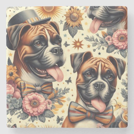 Vintage Boxer-Dog-Illustration Steinuntersetzer (Vorderseite)