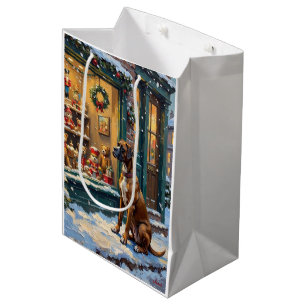 Vintage-Boxerhund am Weihnachts-Toyshop-Fenster Mittlere Geschenktüte