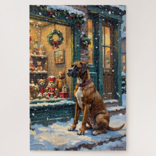 Vintage-Boxerhund am Weihnachts-Toyshop-Fenster Puzzle