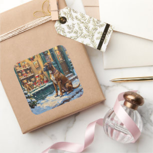 Vintage-Boxerhund am Weihnachts-Toyshop-Fenster Quadratischer Aufkleber
