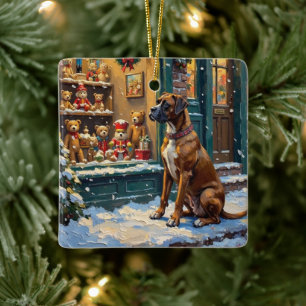 Vintage-Boxerhund am Weihnachts-Toyshow-Fenster Keramikornament