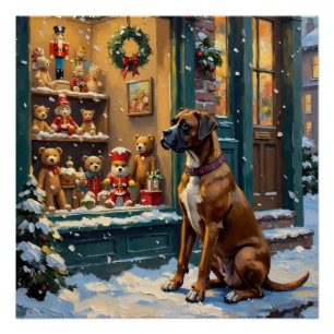 Vintage-Boxerhund am Weihnachtsfenster eines Spiel Poster