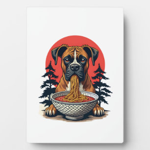 Vintage-Boxerhund isst Ramen-Japanischer-Sonnenunt Fotoplatte