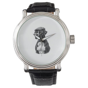 Vintage-Boxerhund mit Kappe Monochrom Grafikillust Armbanduhr