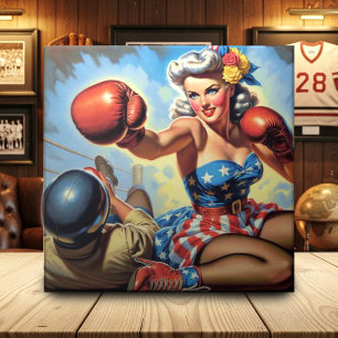Vintage-Boxillustration eines Mädchens Fliese