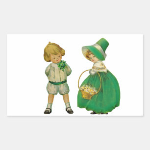 Vintage boy and girl children green St Patrick  Rechteckiger Aufkleber