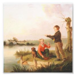 Vintage Boys Fischen am Fluss mit Hund Gemälde Fotodruck