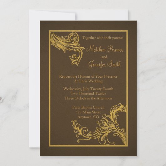 Vintage Braun- und Goldbarsch-Swoosh-Hochzeit Einladung (Vorderseite)