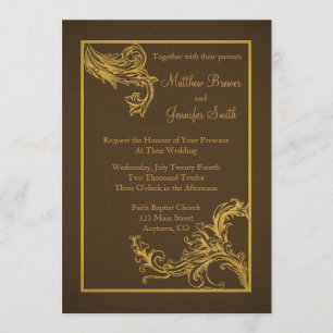 Vintage Braun- und Goldbarsch-Swoosh-Hochzeit Einladung