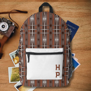 Vintage Braun Weiße Streifen Geometrisches Monogra Bedruckter Rucksack