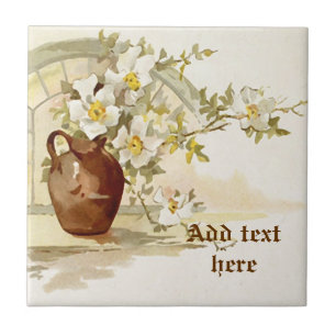Vintage braune Vase mit weißen Rosen Aquarell Fliese