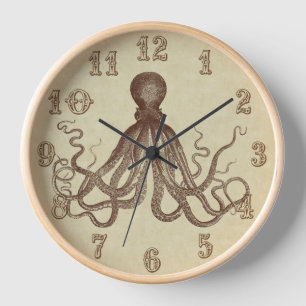 Vintage Brauner Oktopus Strandhaus Nautical Wanduhr