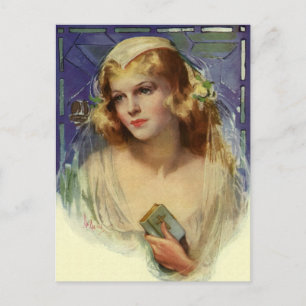 Vintage Braut mit einer Bibel, Hochzeit Save the D Ankündigungspostkarte