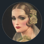 Vintage Braut mit Rose Runder Aufkleber<br><div class="desc">Save the Dates werden nicht nur für Hochzeiten verwendet,  sondern oft auch für andere Veranstaltungen,  wie z. B. Jahrestage,  Geburtstage,  Bar mitzvahs (und Fledermausmitzvahs),  familiäre Wiedersehen und vieles mehr.</div>