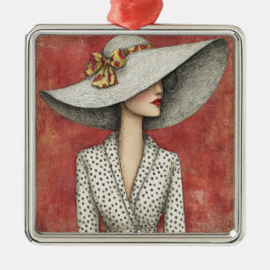 Vintage breitkrempiger Sonnenhut Lady auf Rot Ornament Aus Metall