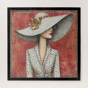 Vintage breitkrempiger Sonnenhut Lady auf Rot Puzzle