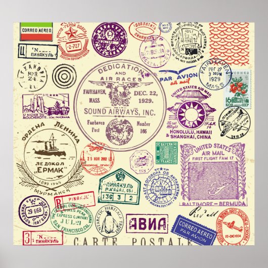 Vintage Briefmarke, dekoratives Set. Poster (Vorne)