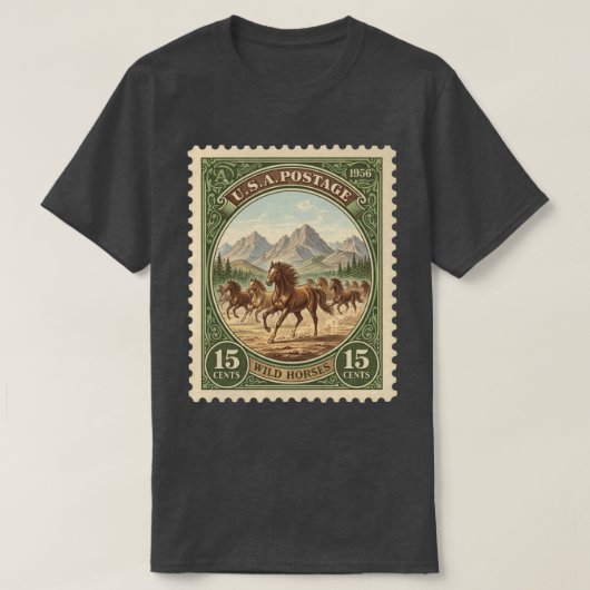 Vintage Briefmarke Wild Pferde T-Shirt (Design vorne)