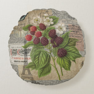 Vintage Brombeeren Französische Ephemera Art Colla Rundes Kissen