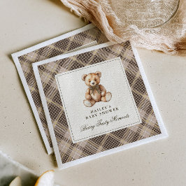 Vintage Brown Tartan Teddy Bear Baby Shower Serviette
