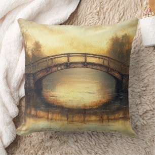 Vintage-Brücke über Fluss Gemälde Landschaft  Kissen
