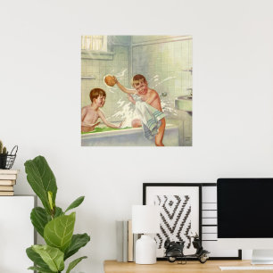 Vintage Brüder, Kinder, Jungen planschen in der Wa Poster