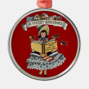 Vintage Buch Kleines Mädchen und Weihnachtsmann Sa Ornament Aus Metall