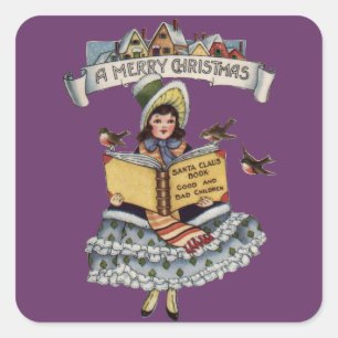Vintage Buch Kleines Mädchen und Weihnachtsmann Sa Quadratischer Aufkleber