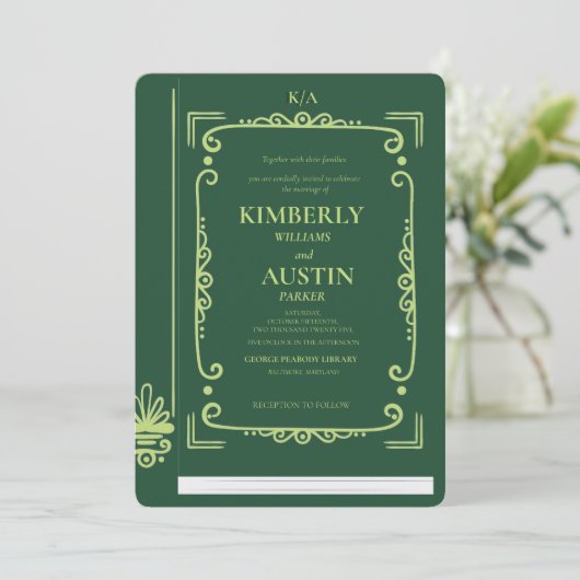 Vintage Buchabdeckung | Book Theme Wedding Einladung (Stehend Vorderseite)