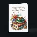 Vintage Bücher, Blume und Kaffee Friend Geburtstag Karte<br><div class="desc">Personalisierte Geburtstagskarte für einen Freund mit Innenfarben. Vintage Bücher,  hübsche Blume und eine Tasse warmen Kaffee in einem antiken Teacup.</div>