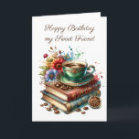Vintage Bücher, Blume und Kaffee Friend Geburtstag Karte<br><div class="desc">Personalisierte Geburtstagskarte für einen Freund mit Innenfarben. Vintage Bücher,  hübsche Blume und eine Tasse warmen Kaffee in einem antiken Teacup.</div>