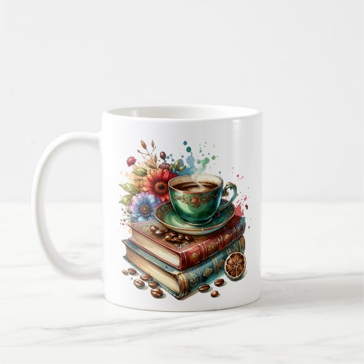 Vintage-Bücher, Blumen und Kaffee oder Tee Kaffeetasse (Links)