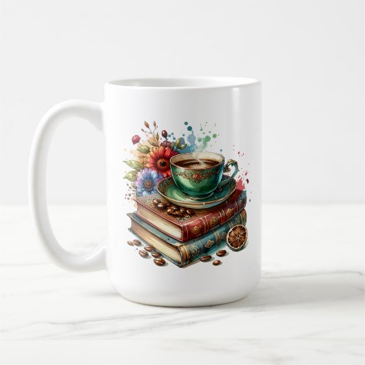 Vintage-Bücher, Blumen und Kaffee oder Tee Kaffeetasse (Links)