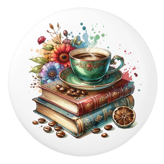 Vintage-Bücher, Blumen und Kaffee oder Tee Keramikknauf (Vorderseite)