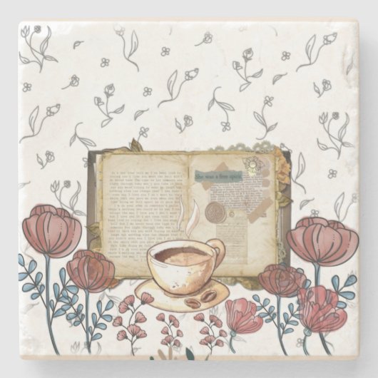 Vintage Bücher, Kaffee, Blume, Rose, Klassik. Steinuntersetzer (Vorderseite)