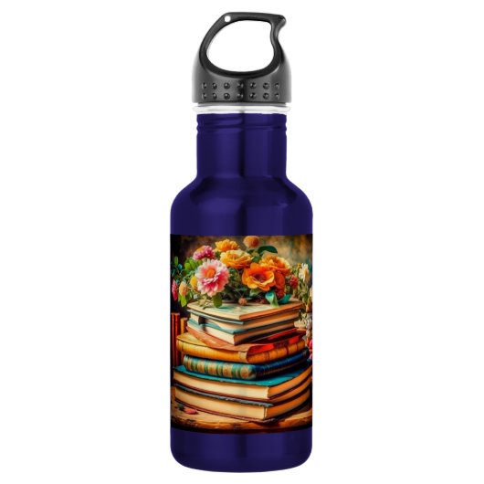 Vintage Bücher und Blume aus der Antike Edelstahlflasche (Vorderseite)