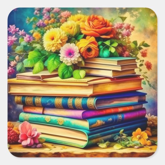 Vintage Bücher und Hübsche Blume Quadratischer Aufkleber (Vorderseite)