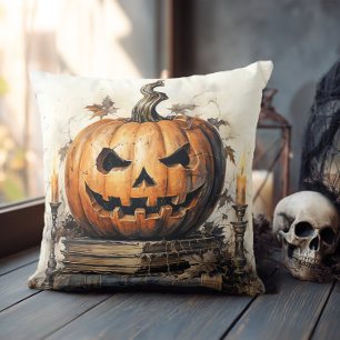 Vintage Bücher und JackOLantern Halloween Kissen