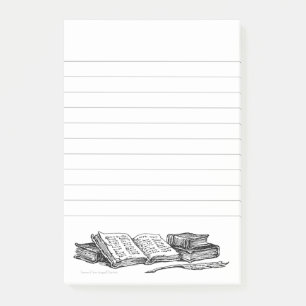 Vintage Bücher und Schreibfeder mit Linien Klebeze Post-it Klebezettel