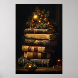 Vintage Buchstapel mit Weihnachtsdekoration Poster