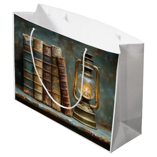 Vintage Buchstapelmalerei Antike Bibliothekswand Große Geschenktüte (Rückseite Schrägansicht)