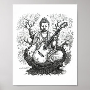 Vintage-Buddha spielt Gitarre Yoga Buddhist Medita Poster