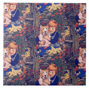 Vintage Buddy Jim und sein Hund von John Rae Fliese