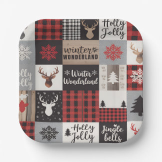 Vintage Buffalo Plaid Deer Christmas Party Pappteller