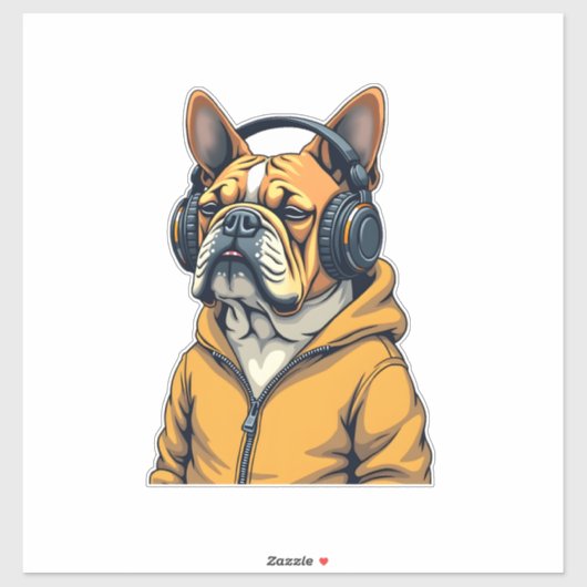 Vintage Bulldog in Headphones Wearing Hoodie Music Aufkleber (Blatt)