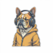 Vintage Bulldog in Headphones Wearing Hoodie Music Aufkleber (Vorderseite)