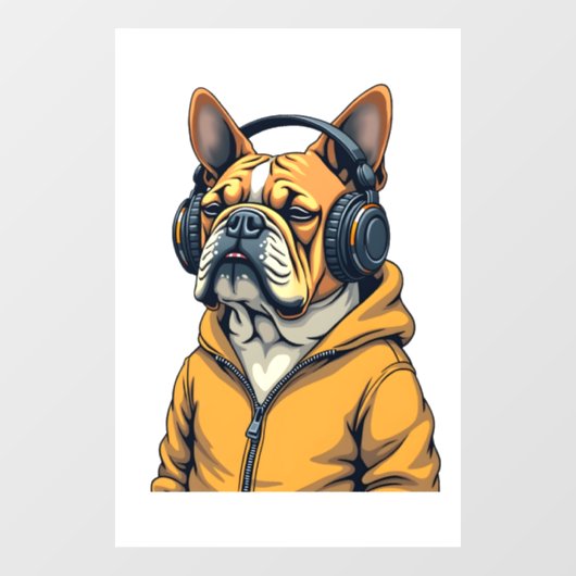 Vintage Bulldog in Headphones Wearing Hoodie Music Fensteraufkleber (Blatt)